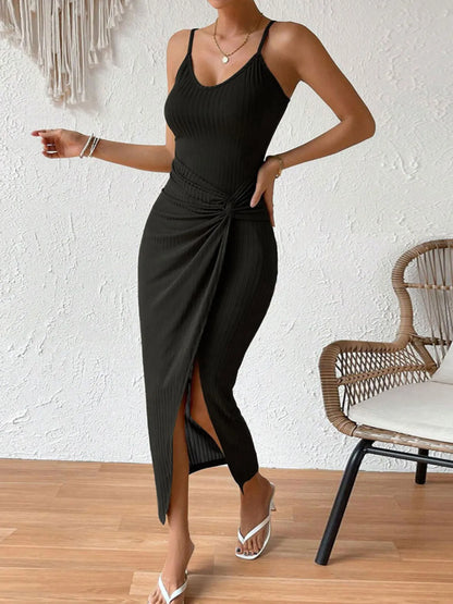 Ribbed Wrap Midi Dress with Side Slit - adritiX