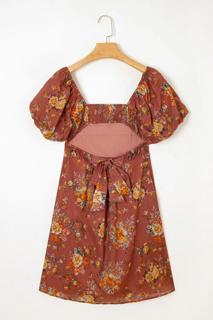 Floral Puff Sleeve Square Neck Knot Open Back Mini Dress - adritiX