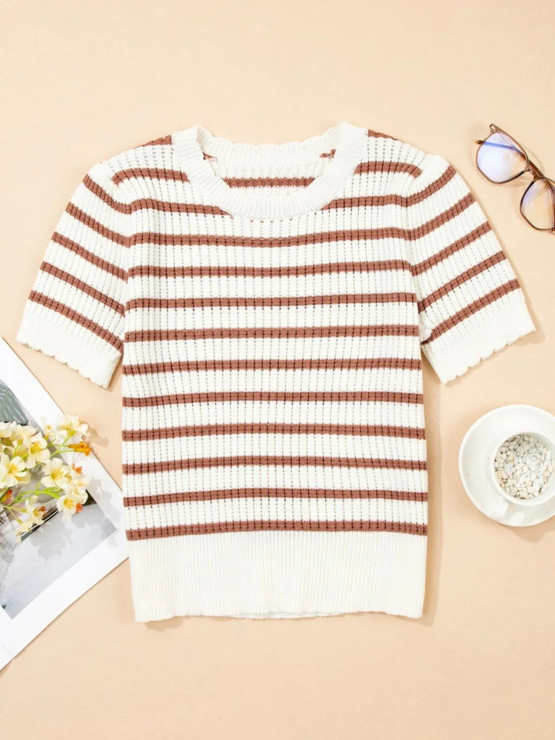 Stripe Scalloped Round Neck Short Sleeve Sweater - adritiX