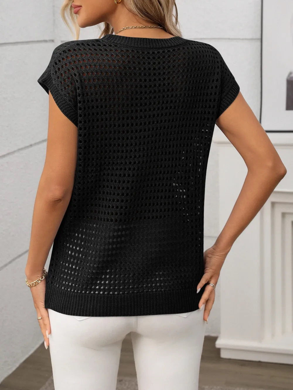 Openwork Round Neck Short Sleeve Knit Cover Up - adritiX