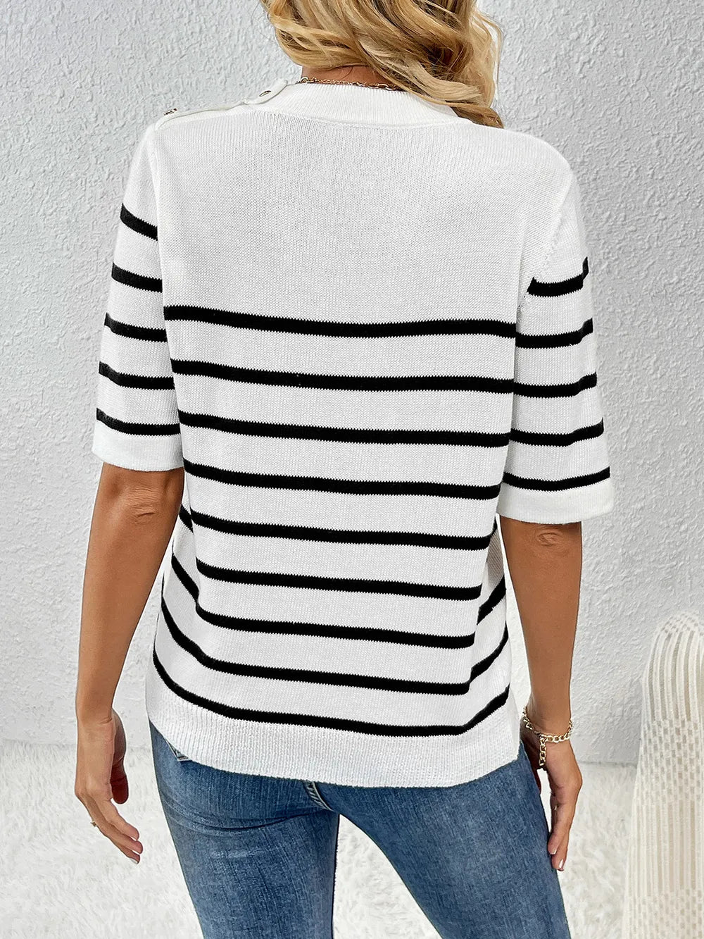 Striped Round Neck Half Sleeve Knit Top - adritiX
