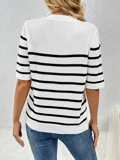 Striped Round Neck Half Sleeve Knit Top - adritiX