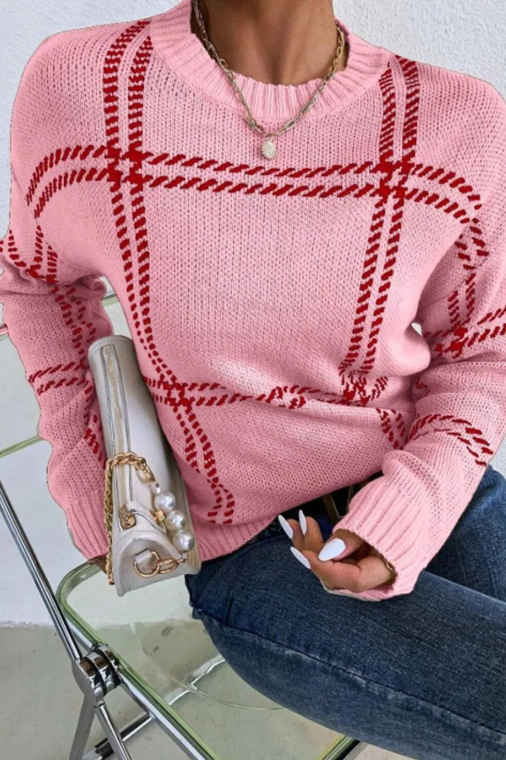 Contrast Round Neck Long Sleeve Sweater - adritiX