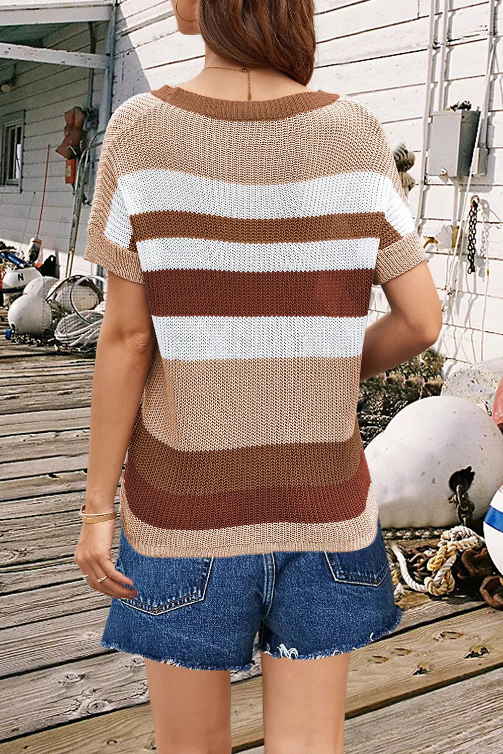 Striped Round Neck Short Sleeve Knit Top - adritiX