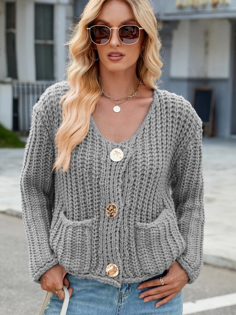 Round Neck Button Up Cardigan with Pockets - adritiX