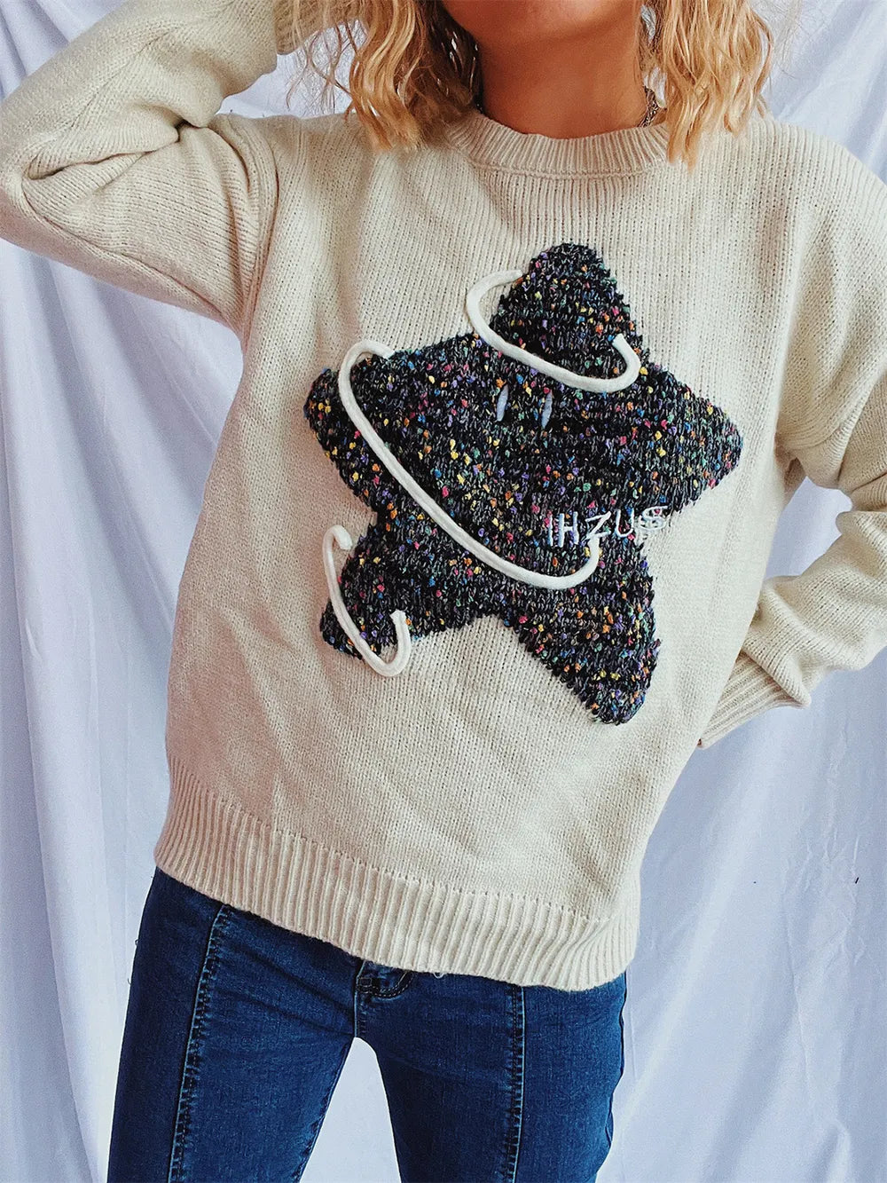 Contrast Star Round Neck Long Sleeve Sweater - adritiX