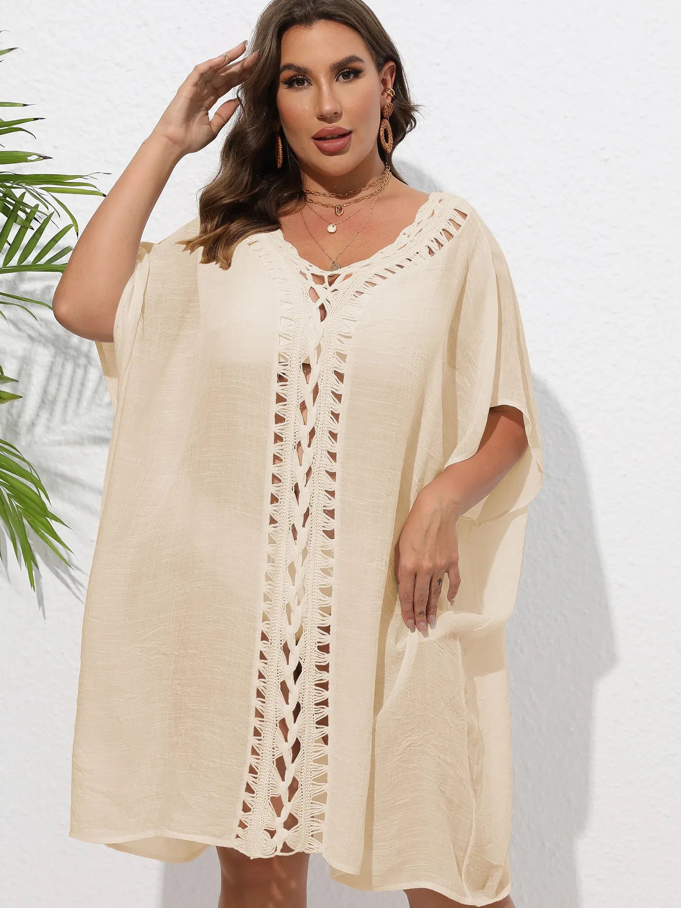 Crochet Trim V-Neck Beach Cover Up Dress - adritiX