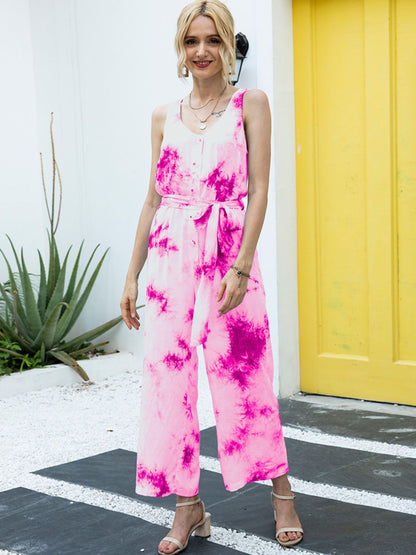 Elegant Ivy Lane Tie-Dye Tie Waist Sleeveless Jumpsuit - adritiX