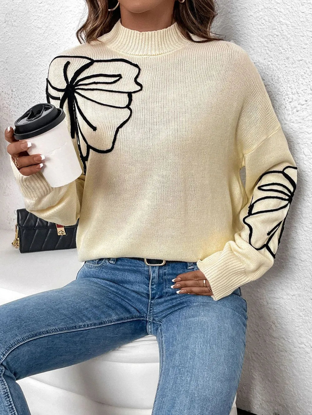 Perfee Mock Neck Dropped Shoulder Long Sleeve Sweater - adritiX