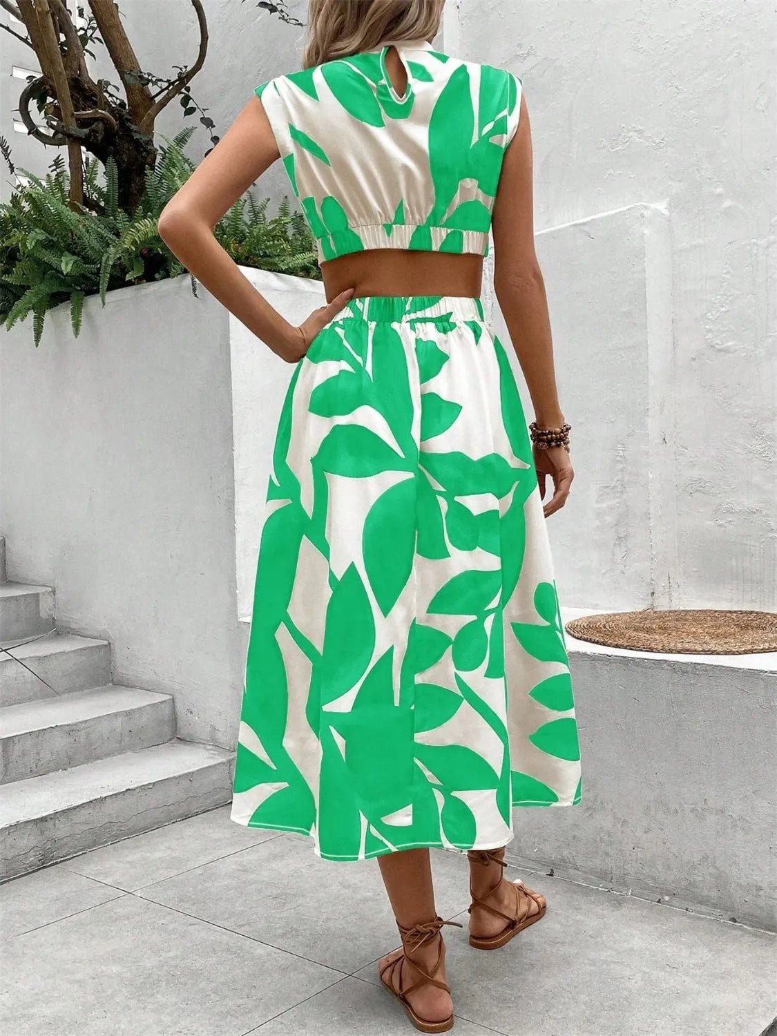 Cutout Printed Cap Sleeve Midi Dress - adritiX