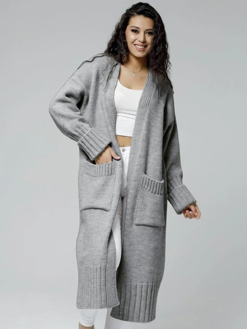 Pocketed Open Front Dropped Shoulder Cardigan - adritiX