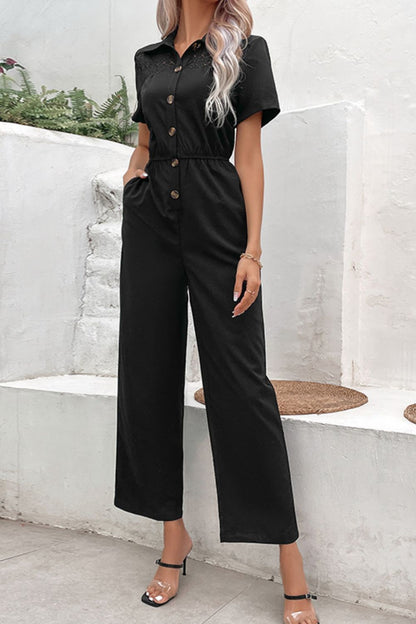Elegant Perfee Collared Neck Short Sleeve Jumpsuit - adritiX