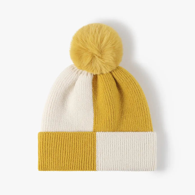 Color Block Knit Hat with Pom-pom - adritiX