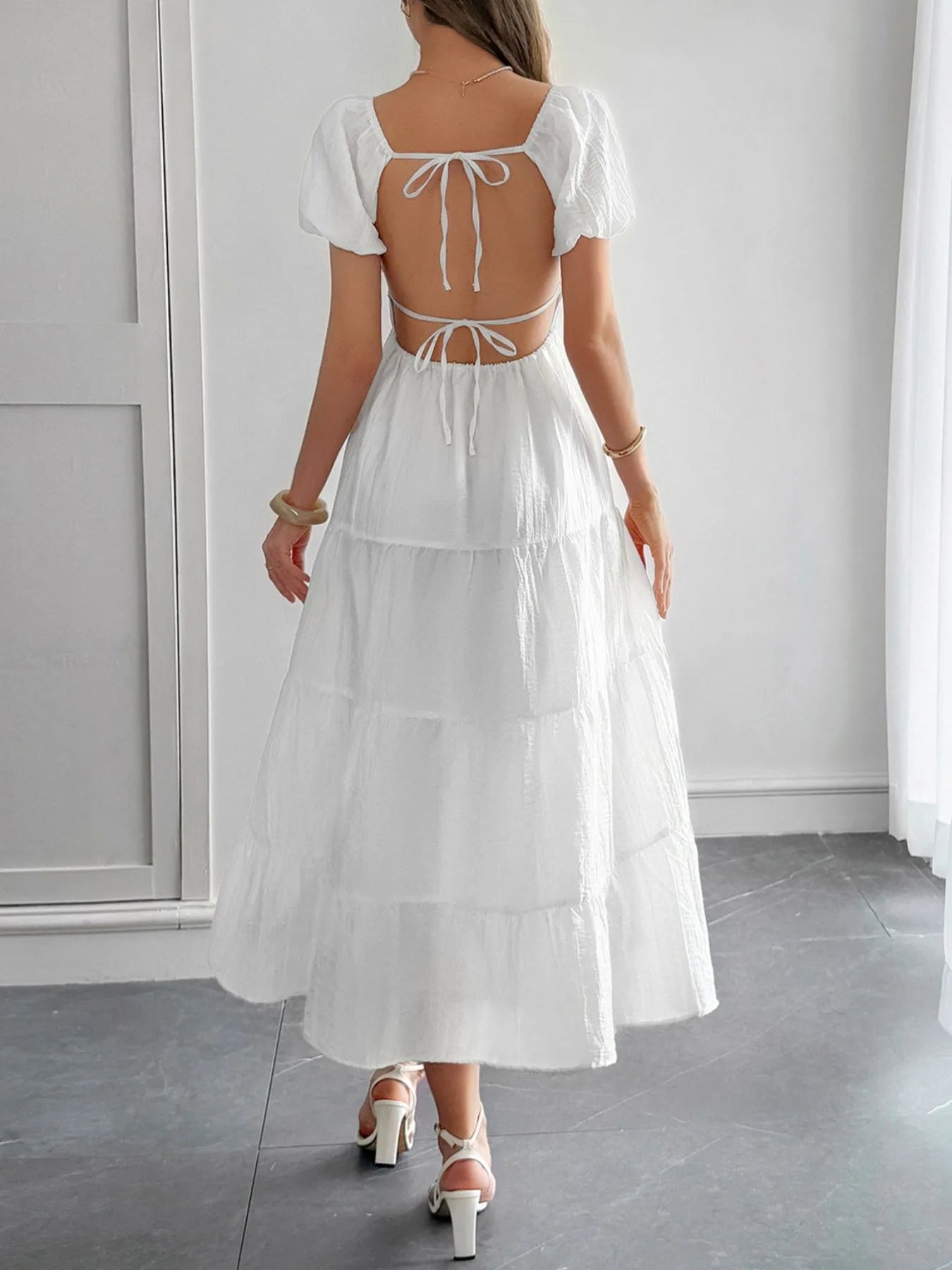 Elegant V-Neck Short Sleeve Midi Dress - adritiX