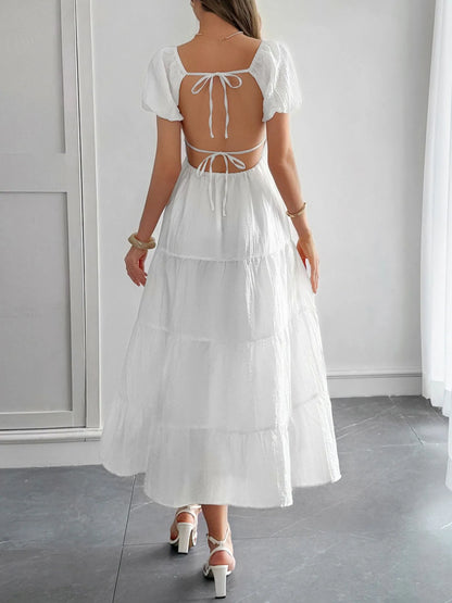 Elegant V-Neck Short Sleeve Midi Dress - adritiX