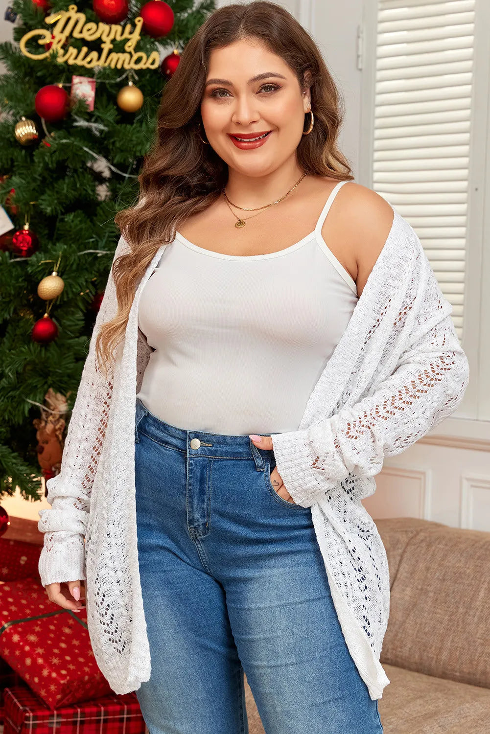 Plus Size Openwork Open Front Long Sleeve Cardigan - adritiX