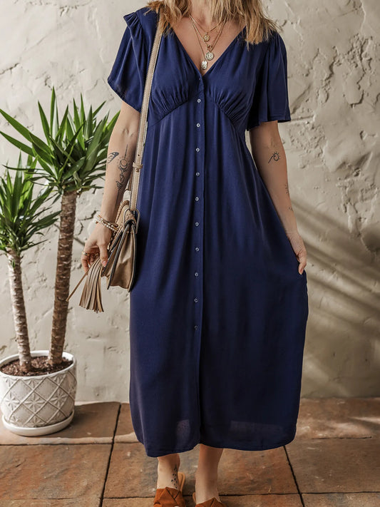 V Neck Buttoned Front Shirred Back Short Sleeve Midi Dress - adritiX