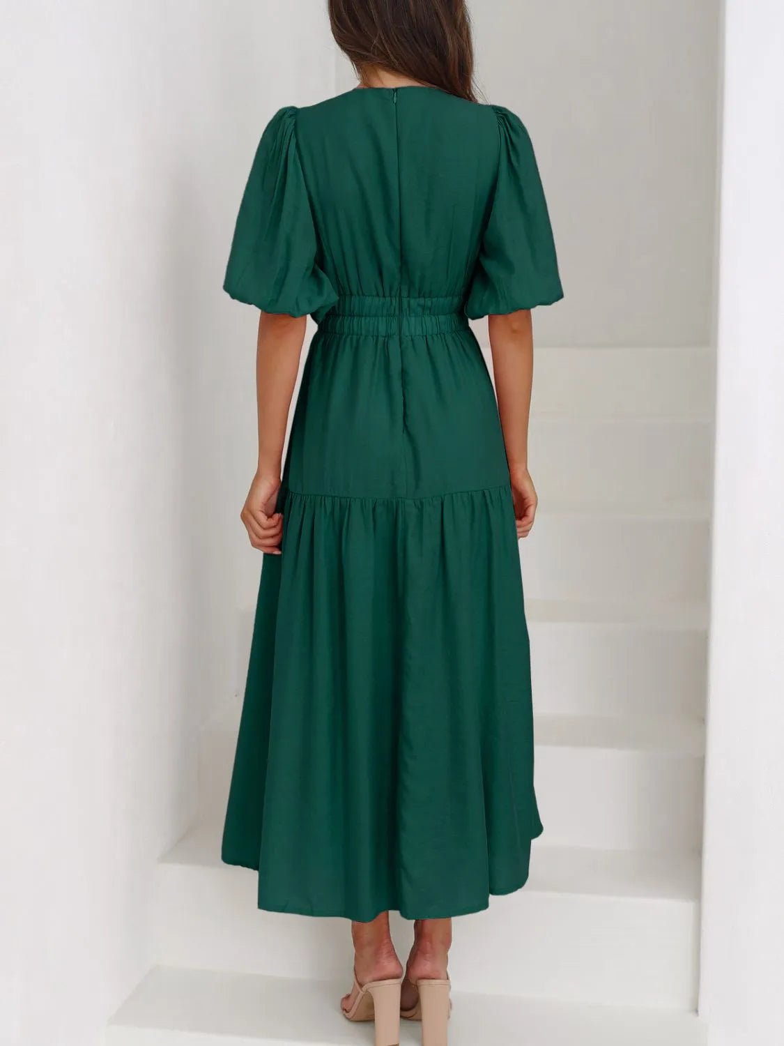 V-Neck Puff Sleeve Midi Dress - adritiX