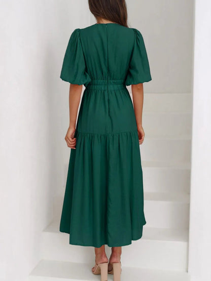 V-Neck Puff Sleeve Midi Dress - adritiX