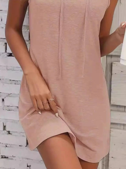 Full Size Drawstring Casual Sleeveless Hooded Mini Dress Plus Size - adritiX