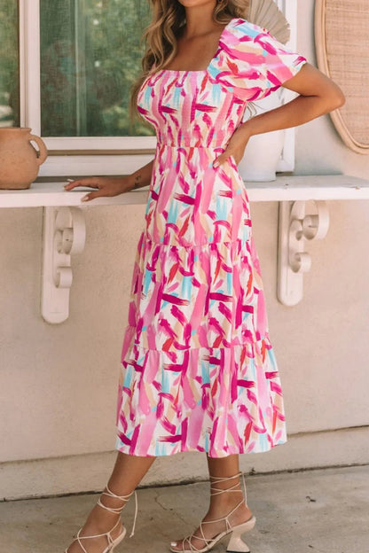 Geometric Print Puff Sleeve Square Neck Midi Dress - adritiX