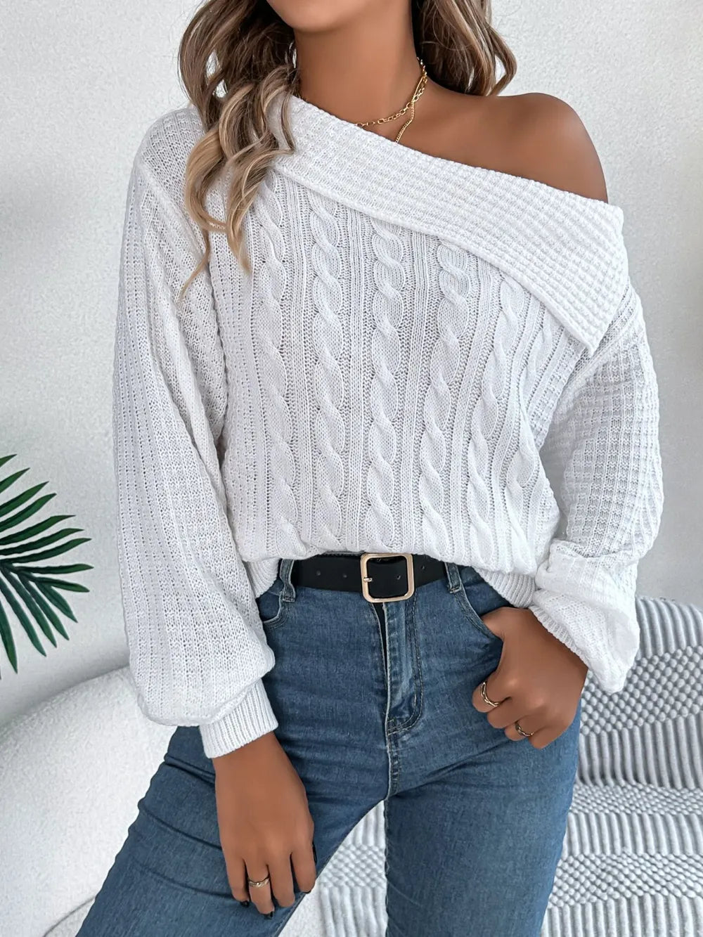 Cable-Knit One Shoulder Long Sleeve Sweater - adritiX
