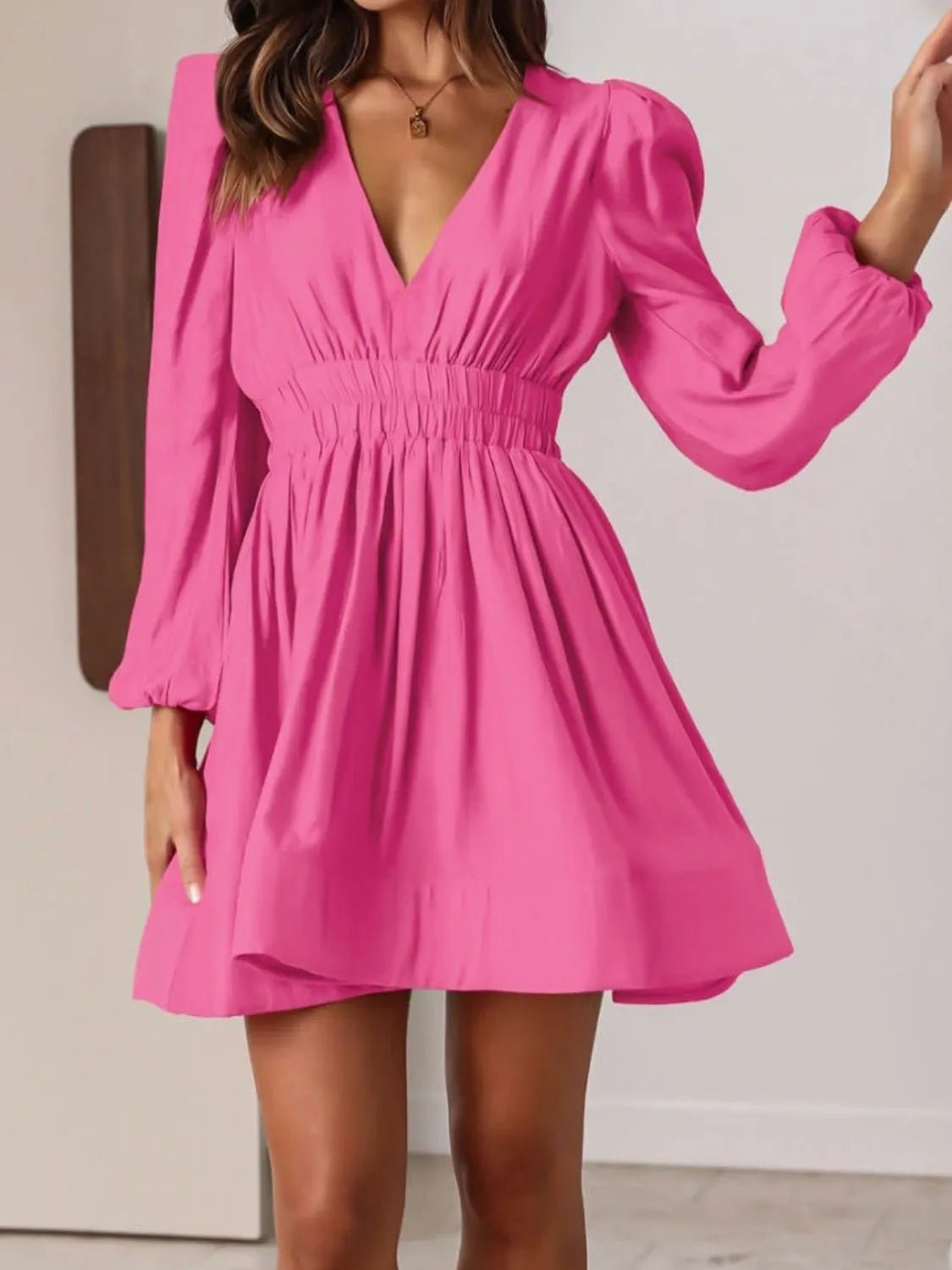 Ruched V-Neck Balloon Sleeve Mini Dress - adritiX