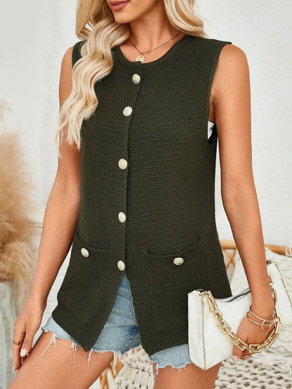 Button Down Round Neck Knit Vest - adritiX