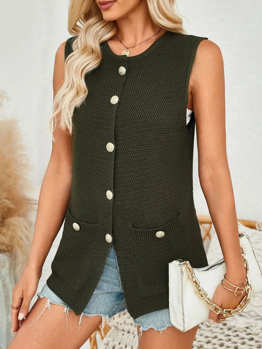 Button Down Round Neck Knit Vest - adritiX