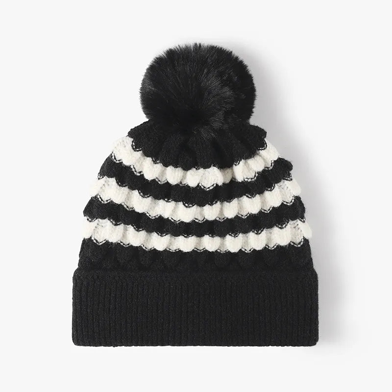 Striped Contrast Knit Hat with Pom-pom - adritiX