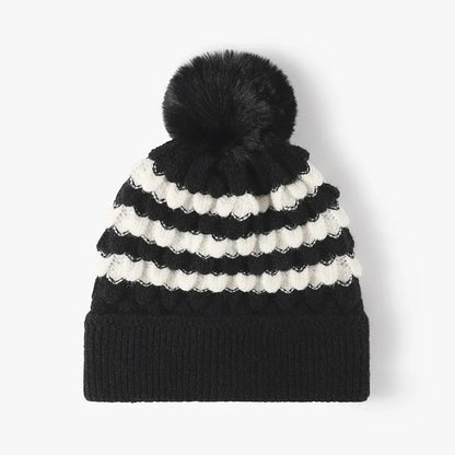 Striped Contrast Knit Hat with Pom-pom - adritiX