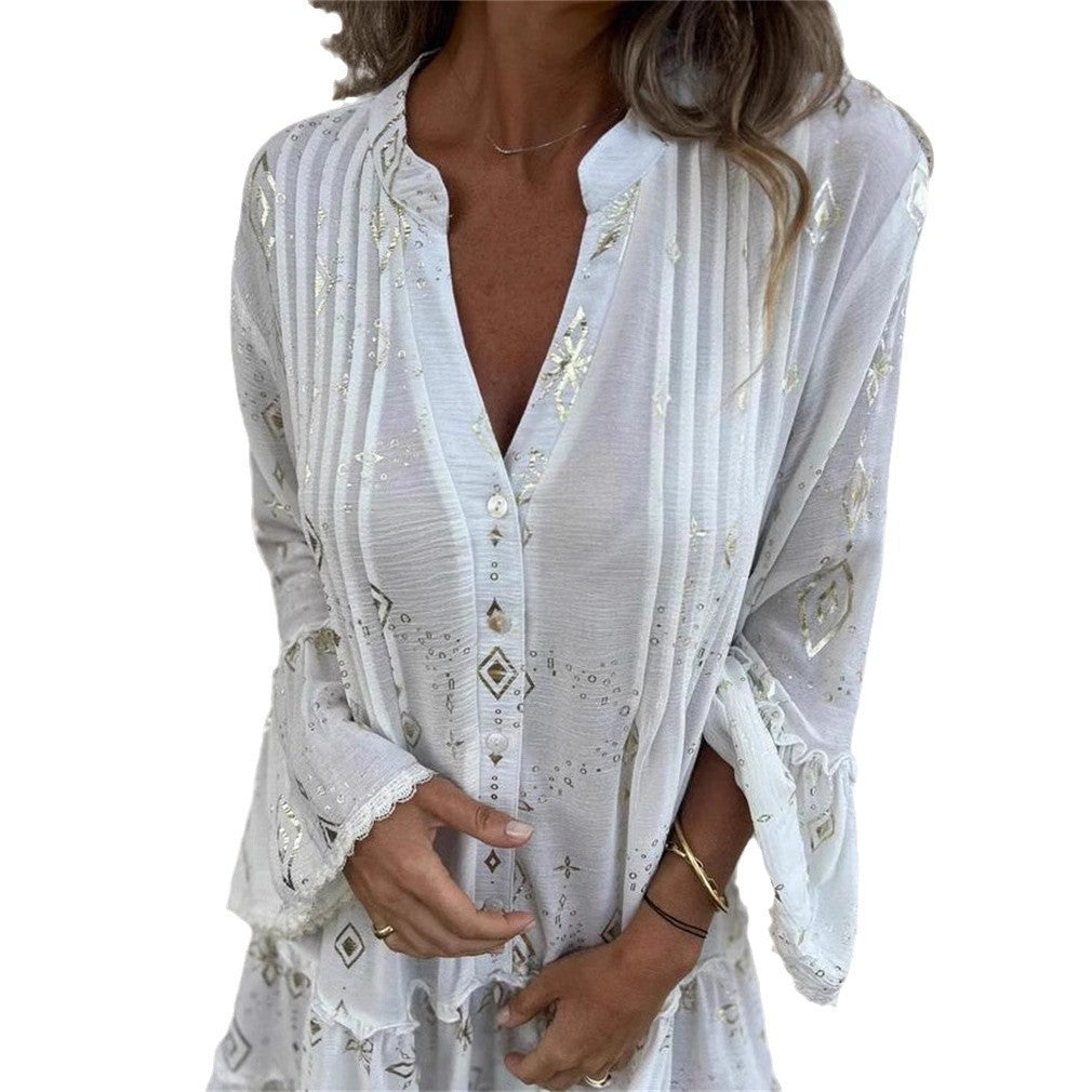 Elegant Bronzing Fashion Horn Lace Sleeve Hollow Dress - adritiX