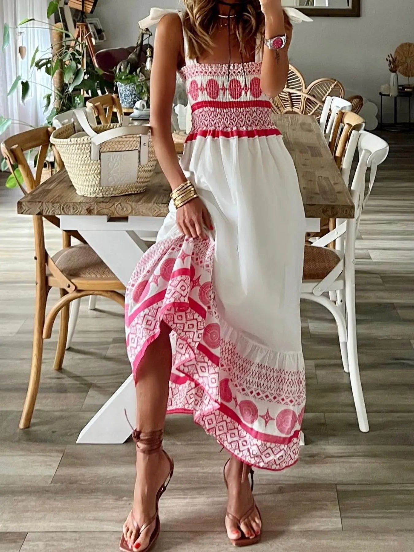 Smocked Printed Tie Shoulder Maxi Dress - adritiX