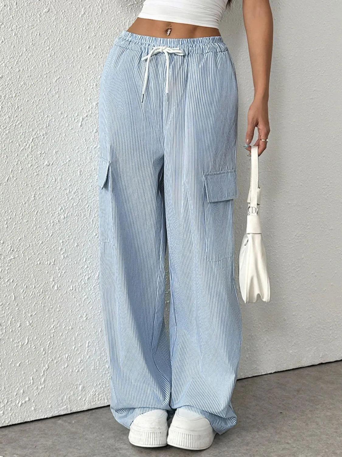 Drawstring Striped Wide Leg Cargo Pants - adritiX