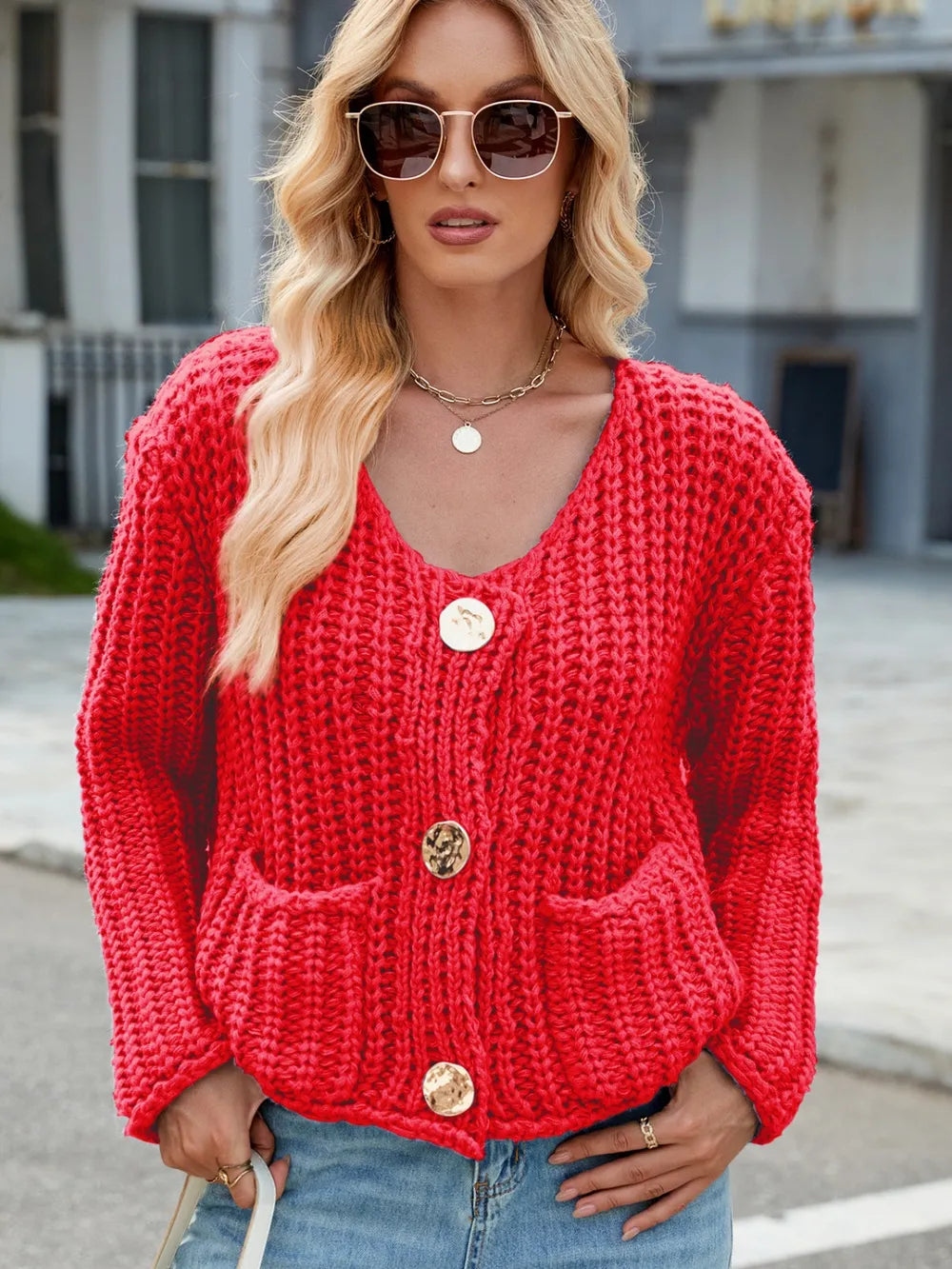 Round Neck Button Up Cardigan with Pockets - adritiX