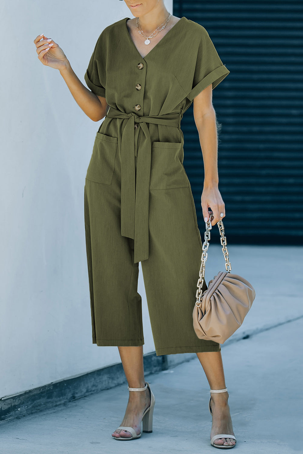 Elegant Tie-Waist Buttoned Cropped Jumpsuit - adritiX