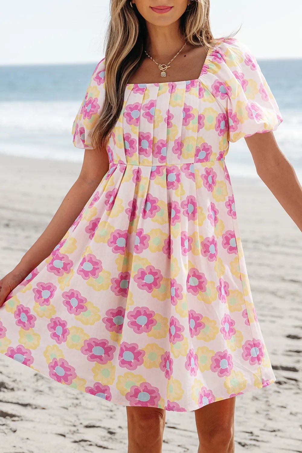 Floral Square Neck Puff Sleeve Pleated Flared Midi Dress - adritiX