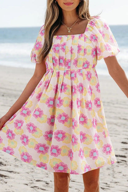 Floral Square Neck Puff Sleeve Pleated Flared Midi Dress - adritiX