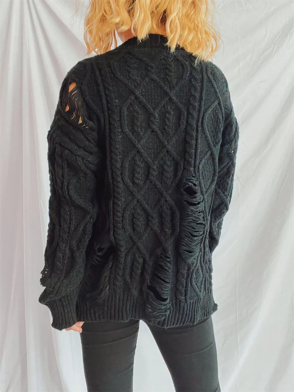Distressed Cable-Knit Round Neck Long Sleeve Sweater - adritiX