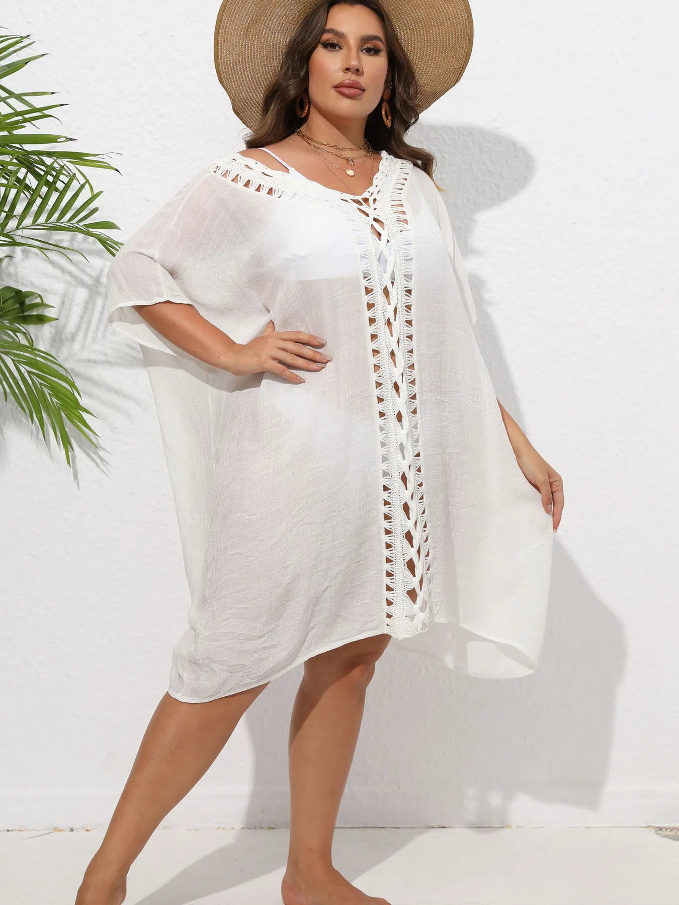 Crochet Trim V-Neck Beach Cover Up Dress - adritiX