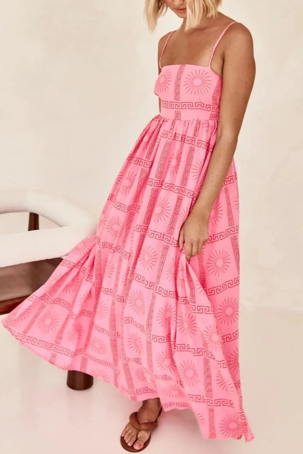 Cutout Back Printed Square Neck Maxi Cami Dress - adritiX