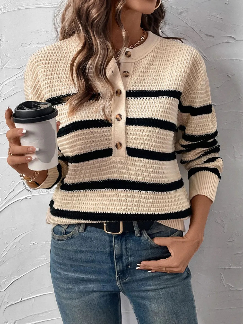 Perfee Striped Half Button Long Sleeve Sweater - adritiX