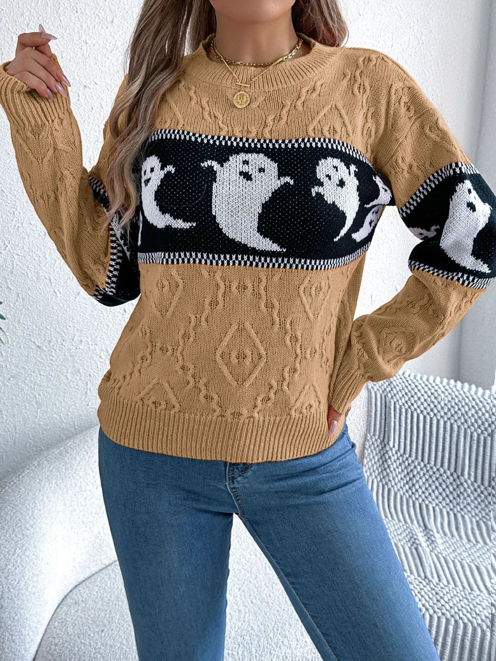 Ghost Round Neck Long Sleeve Sweater - adritiX