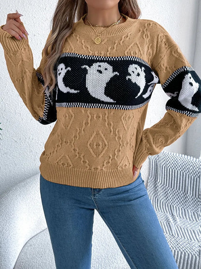 Ghost Round Neck Long Sleeve Sweater - adritiX