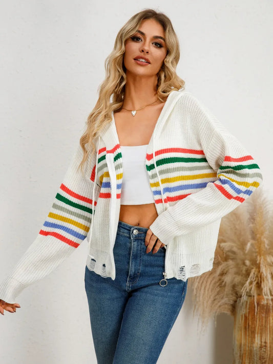 Drawstring Striped Dropped Shoulder Hooded Cardigan - adritiX