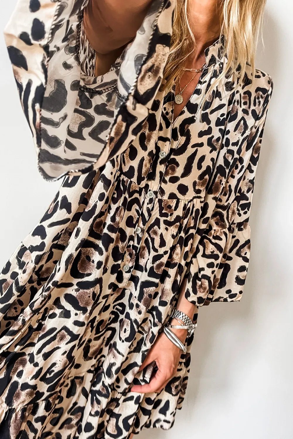 Leopard Print Buttoned Front 3/4 Sleeve Tiered Ruffled Hem Dress - adritiX