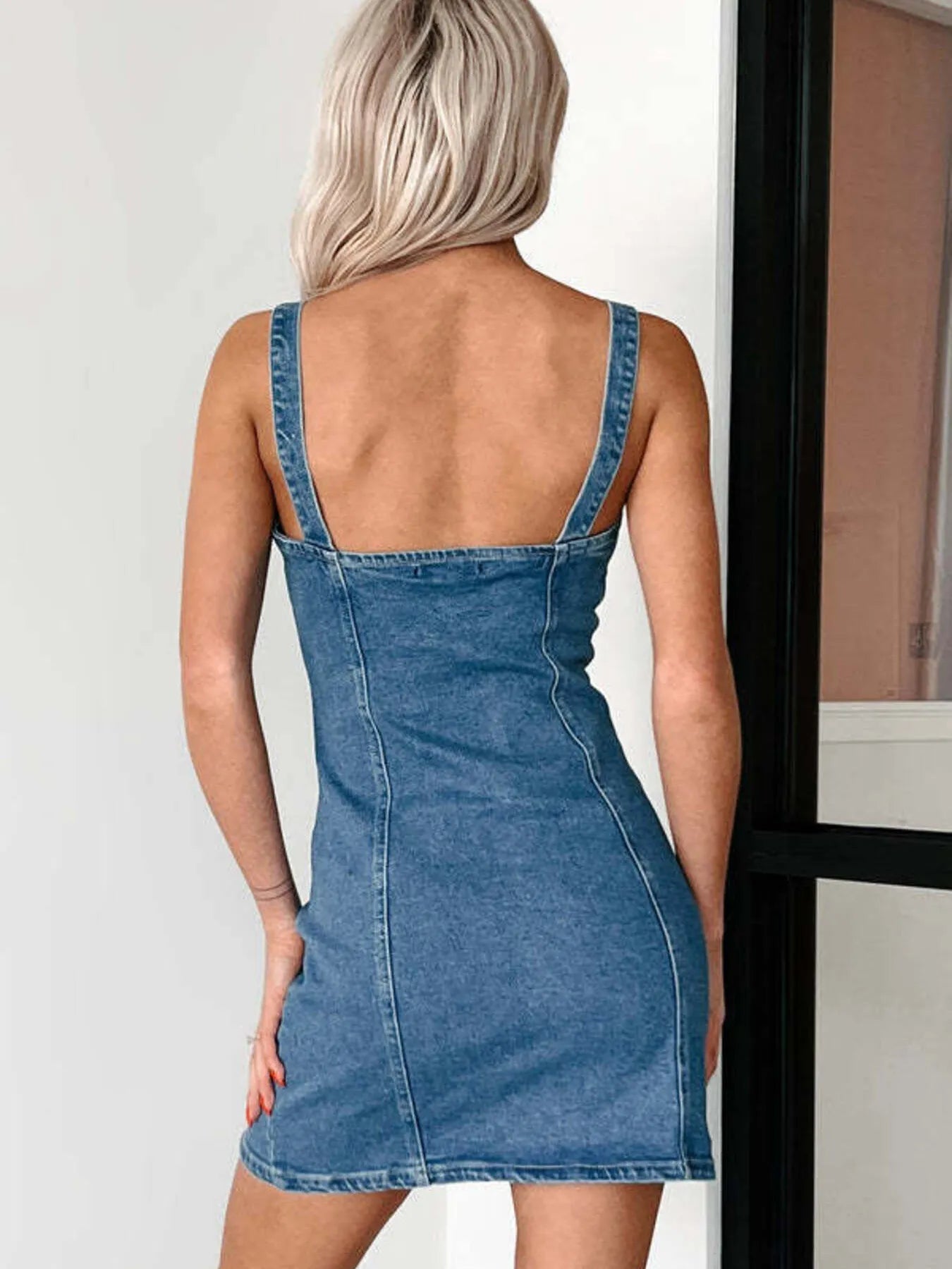 Button Front Sweetheart Neck Denim Mini Dress - adritiX