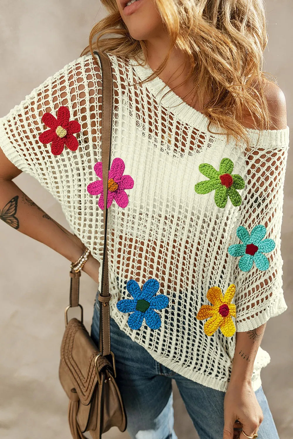 Elegant Flower Round Neck Half Sleeve Knit Cover Up - adritiX