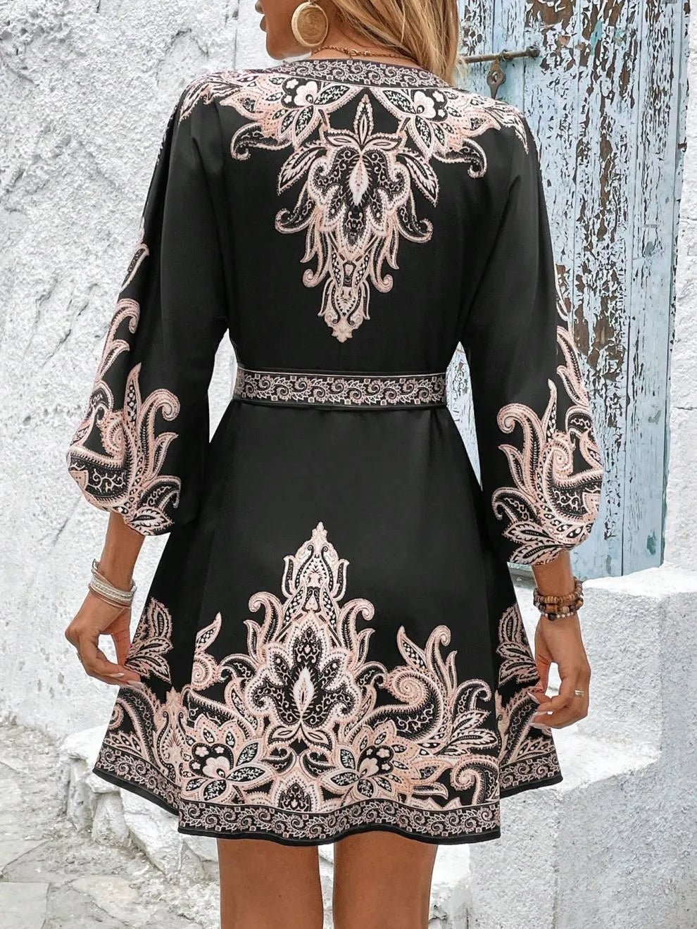 Paisley V-Neck 3/4 Sleeve Mini Dress - adritiX