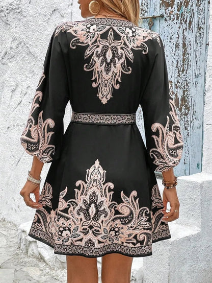 Paisley V-Neck 3/4 Sleeve Mini Dress - adritiX